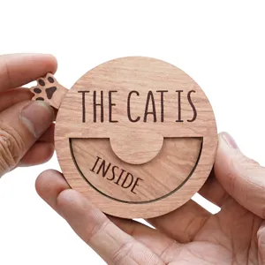 Wooden magnetic rotatable pet status sign detail view showing cute cat inside design.