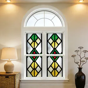 Stained glass window film detail, colorful geometric pattern, static cling decorative privacy.