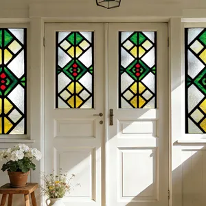 Static cling window film with colorful geometric stained glass design for home decor privacy.