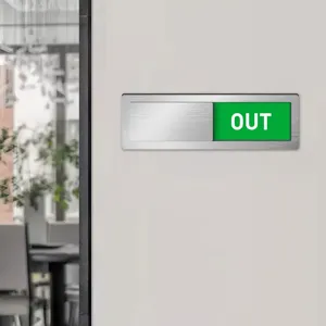 Stainless steel and acrylic office sliding door sign with green 'OUT' status indicator display.