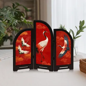 Chinese style mini acrylic folding screen desktop ornament, elegant crane pattern detail.