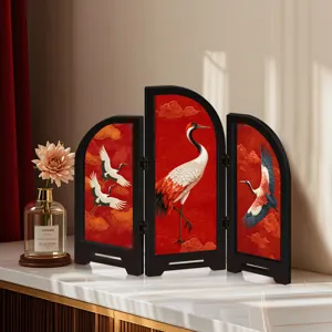 Mini Chinese style folding screen acrylic decorative tabletop ornament with crane motif detail
