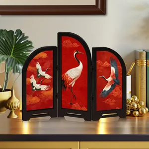 Exquisite details of Chinese traditional style mini folding screen, featuring red crane art.