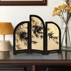 Traditional Chinese Style Mini Acrylic Folding Screen Desktop Ornament Ink Bamboo Pattern Decorative Display Gift