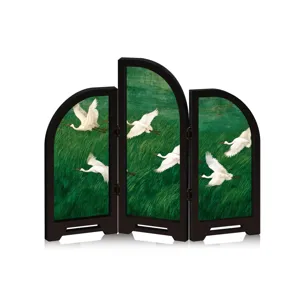 Miniature three-panel folding screen desktop ornament with traditional Chinese flying cranes design.