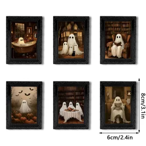 Miniature vintage ghost photo frames with magnetic backing, perfect Halloween decor details.