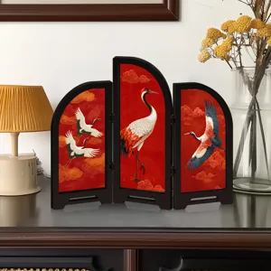 Chinese style mini acrylic folding screen desktop ornament with classic crane pattern.