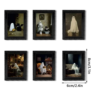 Halloween ghost magnetic photo frame fridge sticker detail view with vintage black frame.