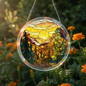Round acrylic suncatcher detail showing stained glass forest and sunset landscape.