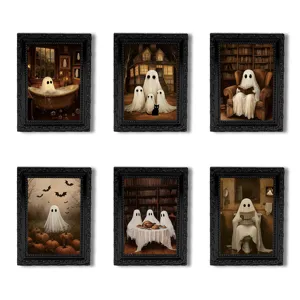 Detail view of 6 funny Halloween ghost fridge magnets set in vintage black frames.
