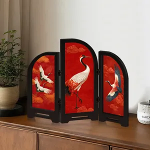 Chinese style miniature folding screen desk decor featuring elegant red-crowned crane designs.