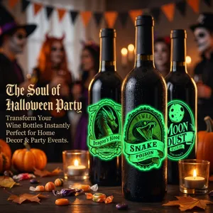 Φωτεινά αυτοκόλλητα μπουκαλιών κρασιού Halloween, φθορίζουσες ετικέτες πάρτι.