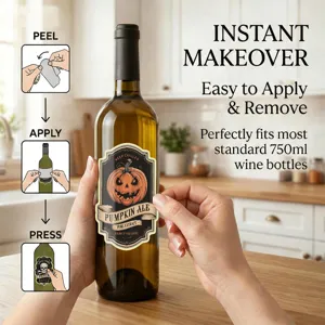 Autocollant de bouteille de vin citrouille d'Halloween, décor de fête pour bouteilles.