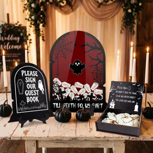Halloween wedding guest book alternative wooden drop top frame sign set spooky decor