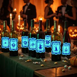 Détail autocollant bouteille potion lumineuse Halloween, design étiquette fête bleu