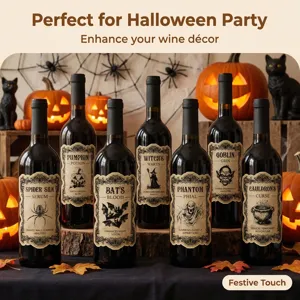 Vue détaillée des autocollants pour bouteilles de vin d'Halloween, déco festive et accessoires.