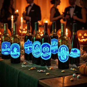 Autocollants de bouteille fluorescents lumineux d'Halloween décor de vin de fête étanche et cool