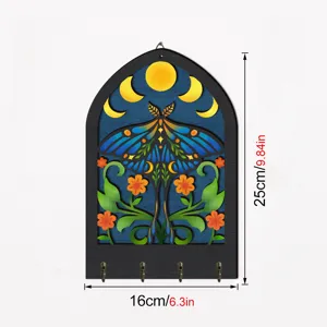 Bohemian wooden key holder wall decor featuring moon phase and moth art, size 25x16cm.