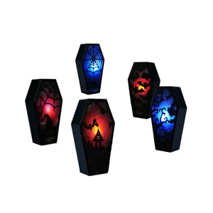 Halloween LED glowing coffin decorations set, spooky hanging lights for party props detail