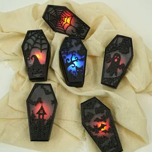 Halloween LED light coffin hanging decoration set, spooky party props with glowing lights.