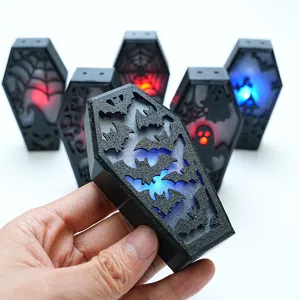 Halloween LED Coffin Night Light 3D Printed Spooky Party Decoration Lamp with Bat Web Ghost