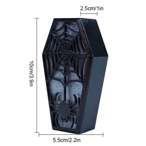 Halloween 3D printed black coffin decoration with spider web design, compact size for party props.