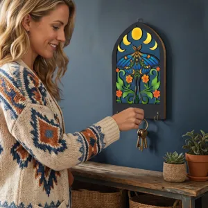 Bohemian wooden key holder wall mount decorative key hanger with moth and moon design
