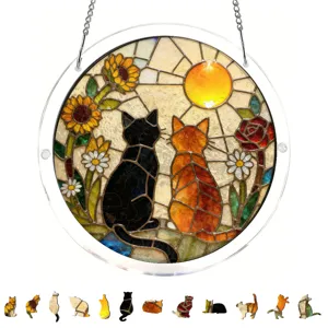 Acrylic stained glass cat suncatcher window hanging plaque with cute cat figures for home decor.