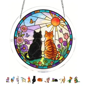 Stained glass style cat acrylic suncatcher hanging puzzle decor for window and home.