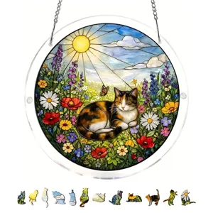 Acrylic cat suncatcher window hanging, stained glass flower field art decor with cute pieces.