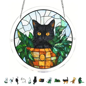 Stained glass black cat acrylic suncatcher window hanging plaque with metal chain.