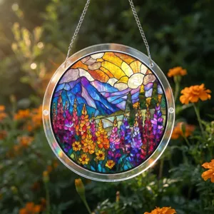 Acrylic suncatcher window hanging with vibrant mountain and flower stained glass style design.