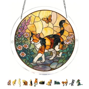 Acrylic cat suncatcher window hanging ornament with stained glass style butterfly design.