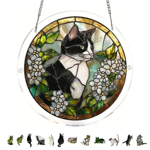 Stained glass style black and white cat acrylic suncatcher window hanging pendant decoration.