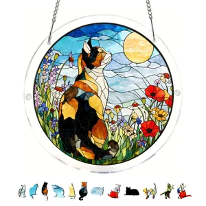 Acrylic stained glass cat puzzle suncatcher window hanging decor with metal chain.