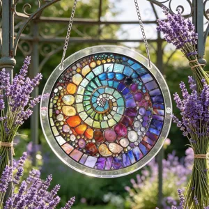 Close-up of round acrylic suncatcher with colorful spiral mosaic hanging in garden.