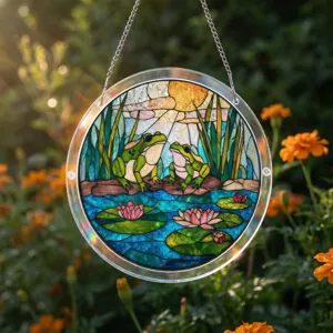 Acrylic stained glass suncatcher featuring cute frogs and pond water lilies for window hanging.