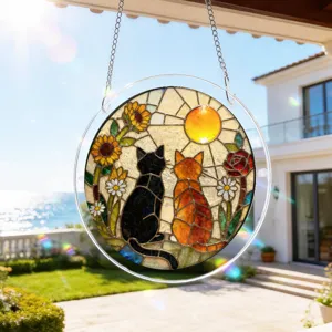 Acrylic cat suncatcher hanging ornament stained glass window decor with cute cats and flowers.