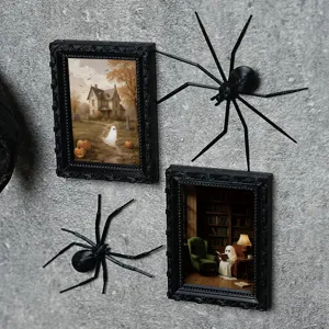 Halloween miniature ghost magnetic picture frames with creepy black spiders for fridge decor.