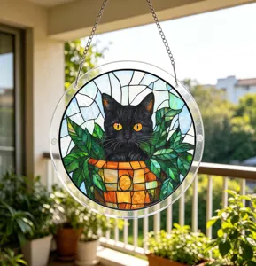 Detailed view of a round stained glass cat suncatcher hanging on a green balcony window.