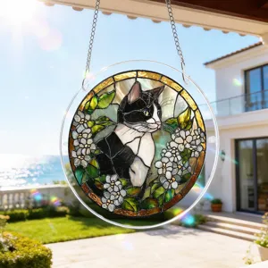 Stained glass style black and white cat suncatcher pendant, beautiful window hanging decor.