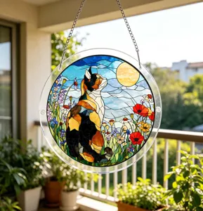 Stained glass style acrylic cat suncatcher window hanging decor with floral moon design.