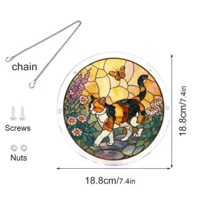 Stained glass cat suncatcher acrylic window hanging panel with chain and screws for home decor.