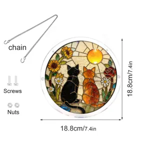 Acrylic stained glass cat suncatcher detail, 18.8cm diameter with hanging chain and screws.