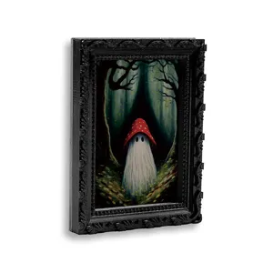 Close-up detail of Halloween ghost mushroom photo frame fridge magnet with black frame.