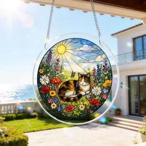 Stained glass style acrylic cat suncatcher hanging window ornament for garden decor.