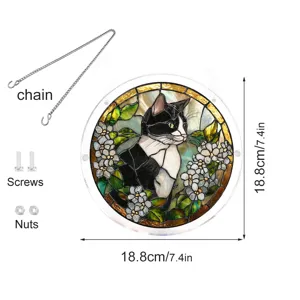 Acrylic cat suncatcher detail showing hanging chain, screws, and 18.8cm diameter circular panel.