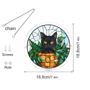 Stained glass black cat acrylic suncatcher detail view, showing hanging chain and size specs.