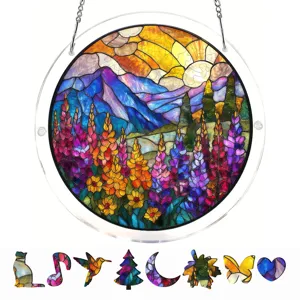 Stained glass style acrylic suncatcher hanging window ornament with nature landscape and shapes.