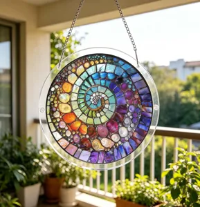 Stunning circular acrylic suncatcher detail shot, vibrant spiral mosaic window hanging decor.
